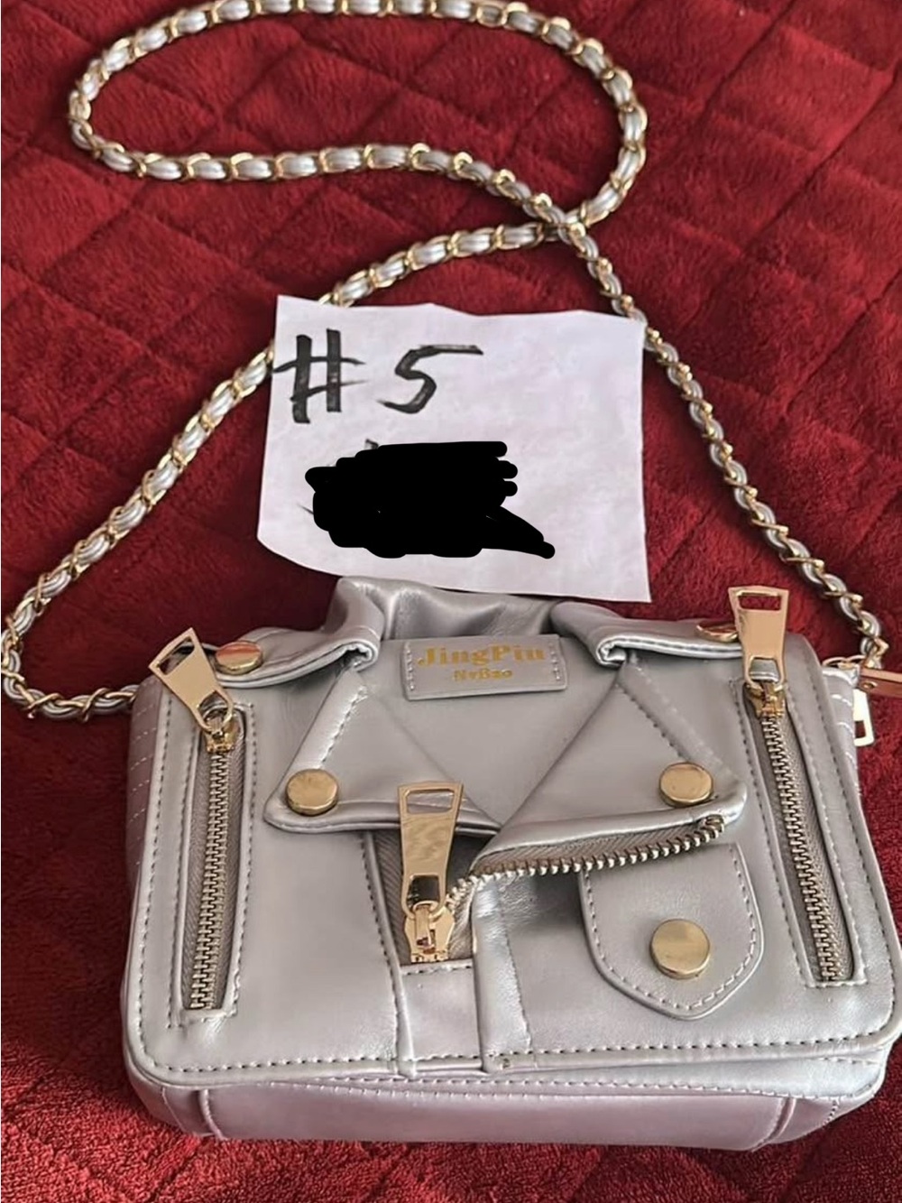 JingPin Silver Quilted Crossbody Bag with Gold Chain Strap